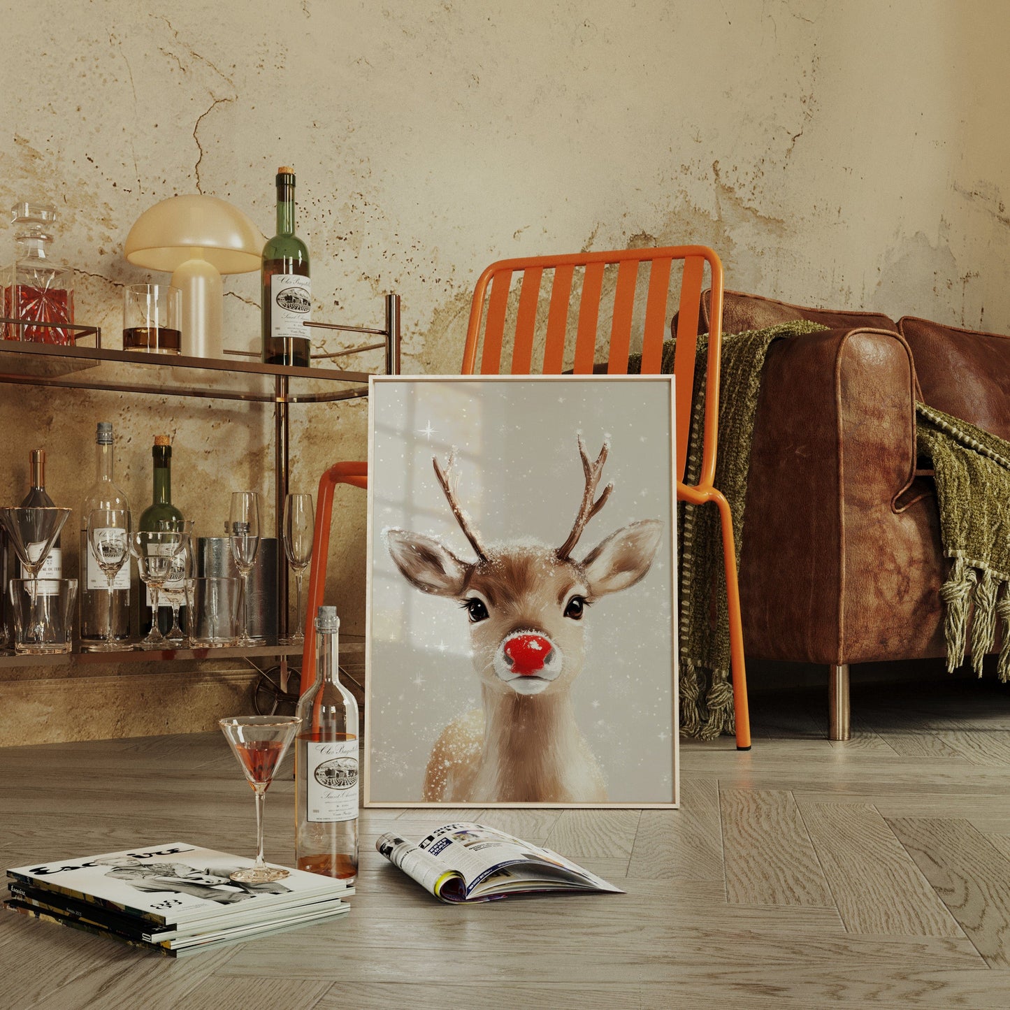 Adorable renne enneigé – Impression murale de Noël douillette