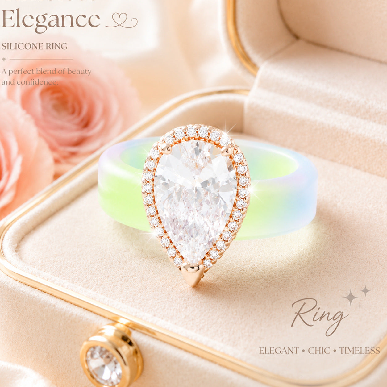 Silicone-inlaid Water-drop-shaped Zircon Ring