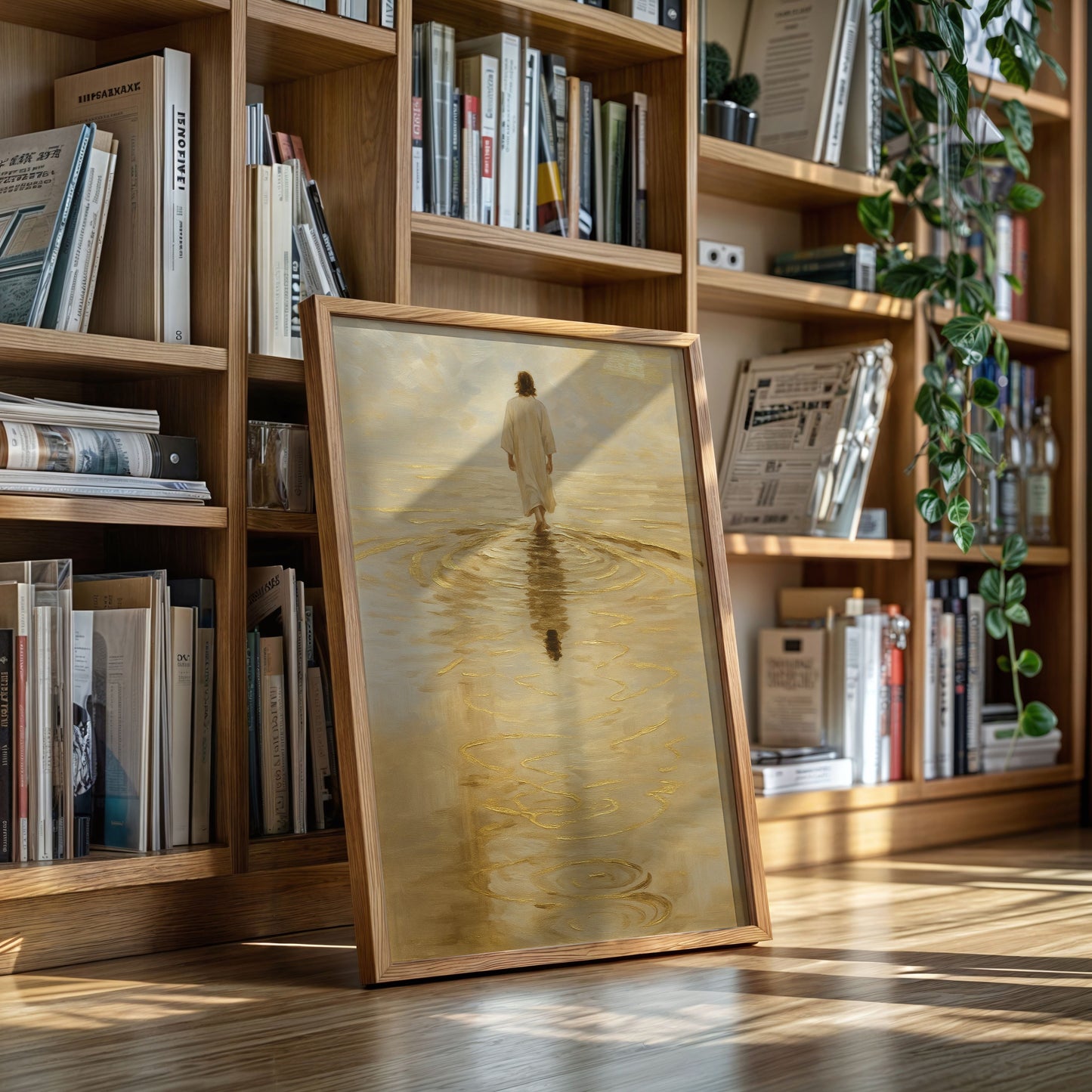 Goldenes Licht Jesus geht auf dem Wasser
