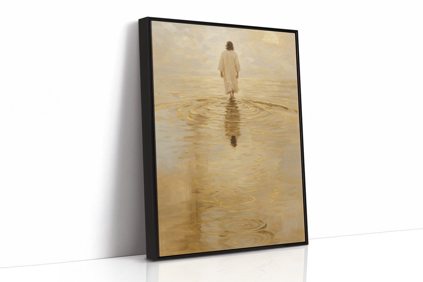 Goldenes Licht Jesus geht auf dem Wasser