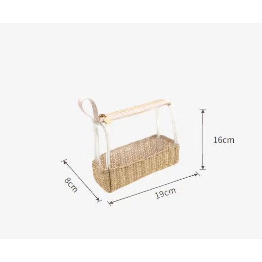 Ladies straw wristlet purse, Cosmetics storage bag transparent, toiletries storage bag, Transparent Cosmetic Bag,