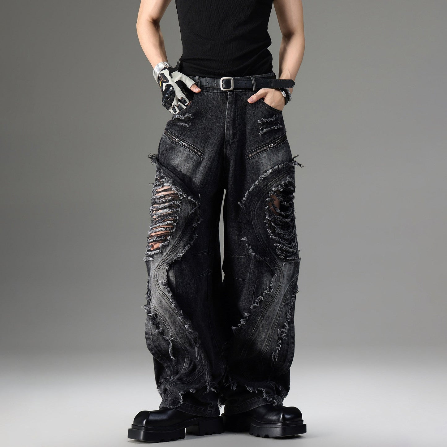 American-style Vintage Deconstructed Distressed Jeans