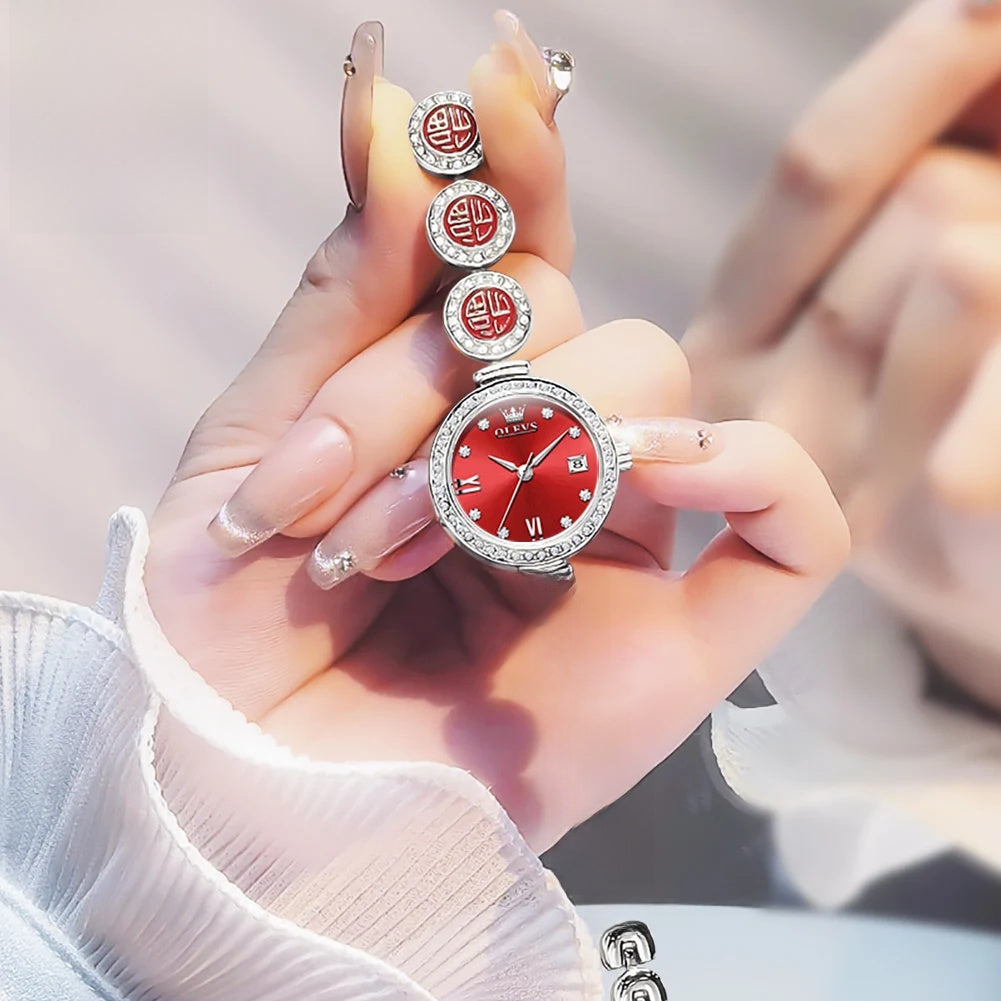 Montre à Quartz Élégante pour Femme, Bracelet Cadran Rouge Étanche
