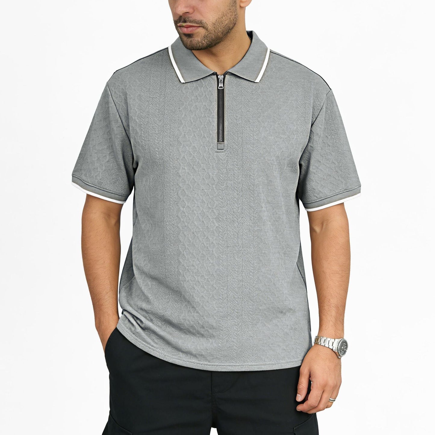 Mens Jacquard Loose-Fit Short-Sleeve Zip-Up Polo Shirt