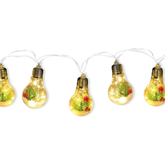 4,20 m Lichterkette mit Schneekugeln, batteriebetrieben, 10 LED-Birnen, Weihnachtsbeleuchtung für drinnen mit Tannennadeln, Schneeflocken und Beeren