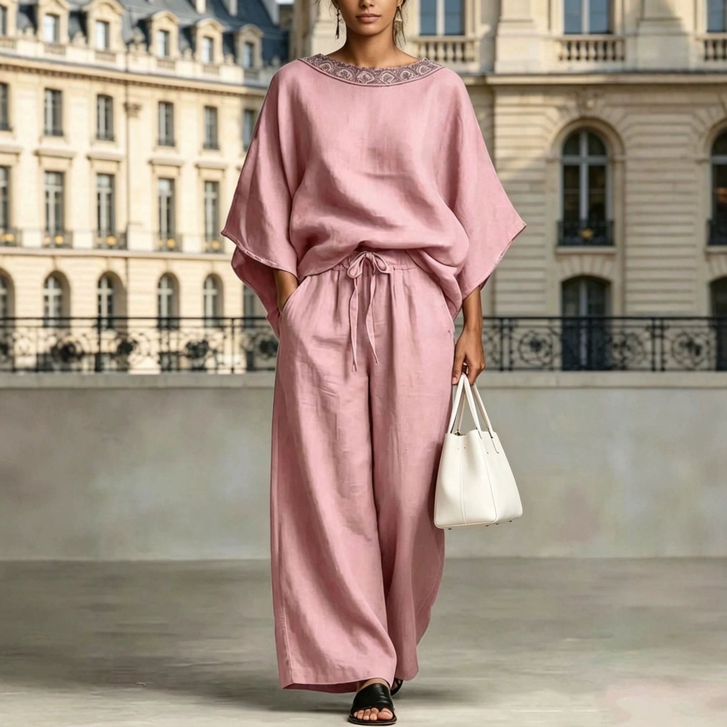 Women's Lace Trim Batwing Top & Wide-Leg Pants Two-Piece Set
