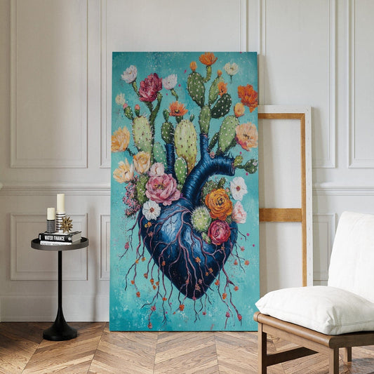 Cœur de cactus en fleur – Art mural botanique surréaliste du désert