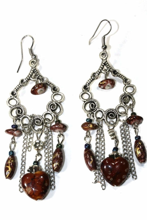 Boucles d'oreilles pendantes perles marbrées volutes florales bohème