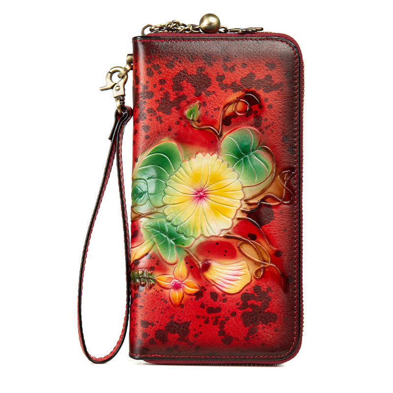 Genuine Leather Long Wallet Bag Hand-Painted Finish Zipper Closure Full-Grain Cowhide Clutch