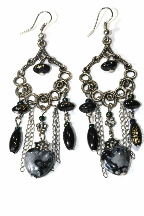 Boucles d'oreilles pendantes perles marbrées volutes florales bohème