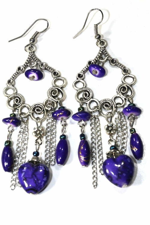 Boucles d'oreilles pendantes perles marbrées volutes florales bohème