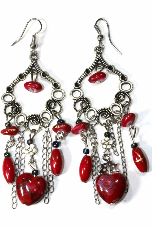 Boucles d'oreilles pendantes perles marbrées volutes florales bohème