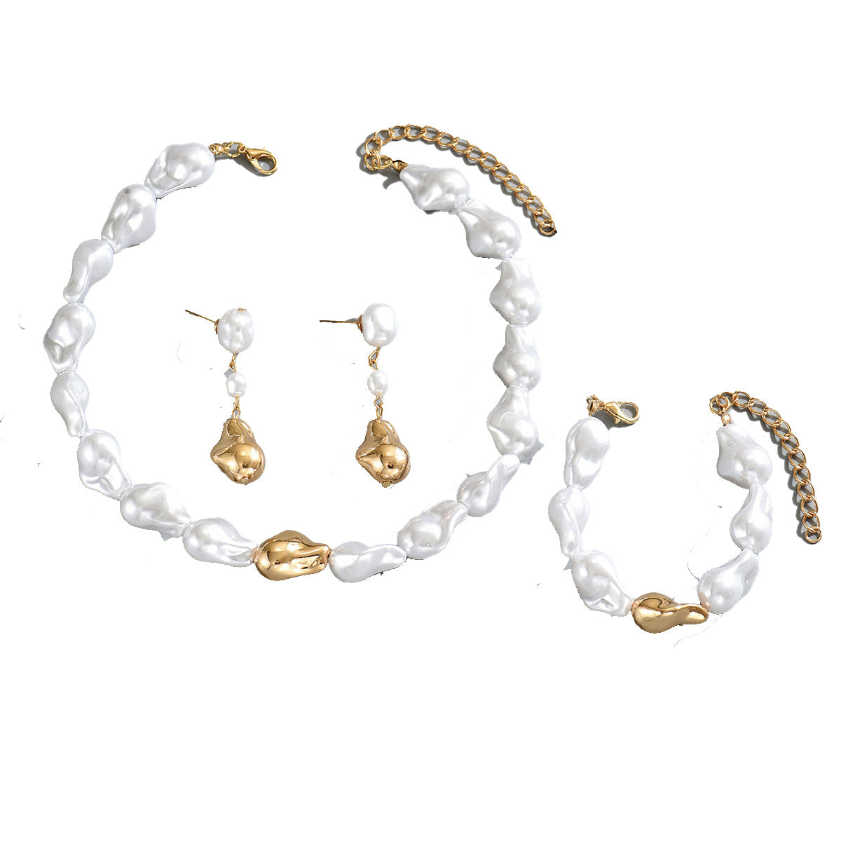 Cross-border European American Vintage Jewelry Set, Baroque Faux Pearl Necklace & Bracelet Matching Premium Versatile Earrings, Daily Women Fashion Ornaments