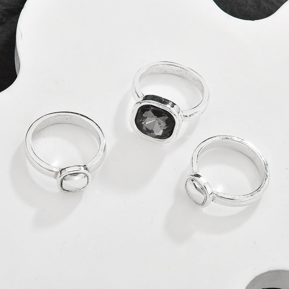 Hollow Geometric Black Crystal Jewelry Set For Women, Adjustable Bracelet Ring Earrings 3Pcs Matching Set, Minimal Cool Fashion Jewelry