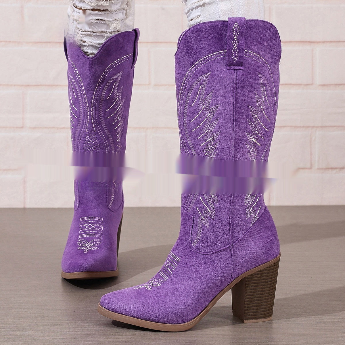 Autumn New Pointed Mid Heel High Tube Embroidered Denim Boots