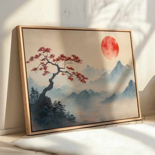 Décor mural Paysage japonais – Impression soleil rouge et montagnes bonsaï