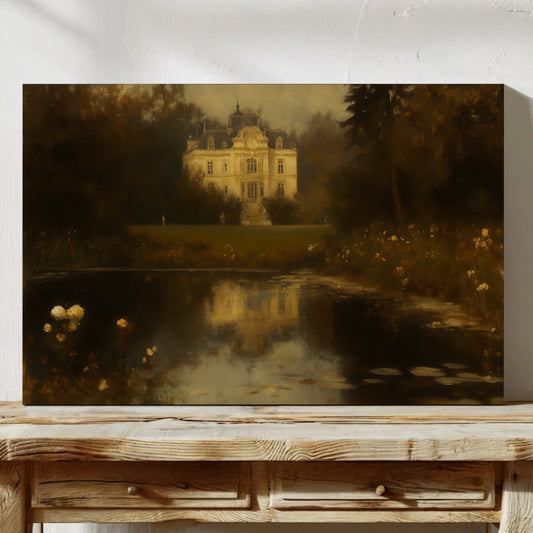 Château reflété au crépuscule doré