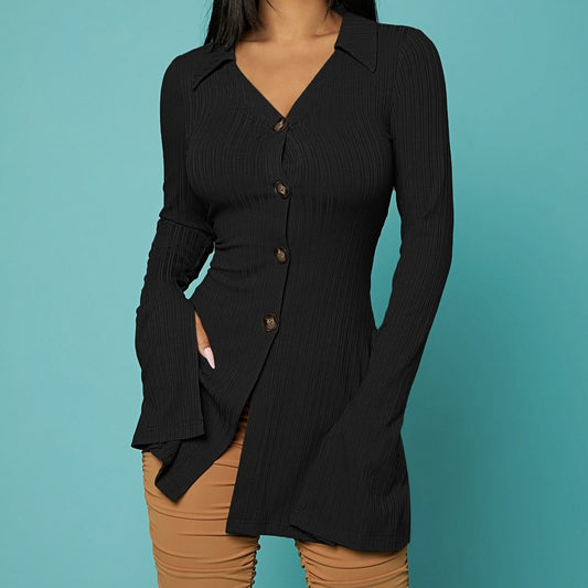 Women's V-Neck Ribbed Knit Button Cardigan Top – Black