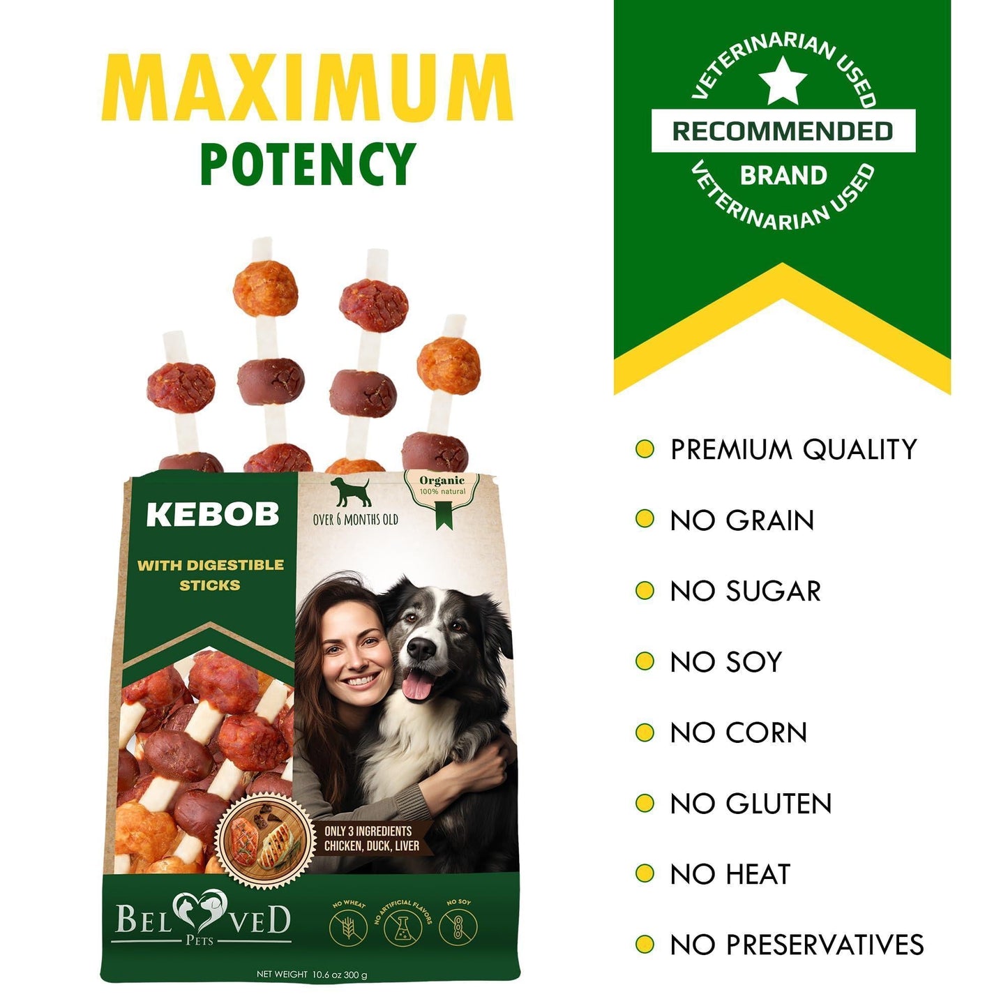 Kabobs Dog Treats with Duck & Chicken Human Grade Meat All Natural & Organic Pet Dried Snacks Rawhide Free & Grain Free Long Lasting Chews for Large & Small Dogs Supports Healthy Teeth