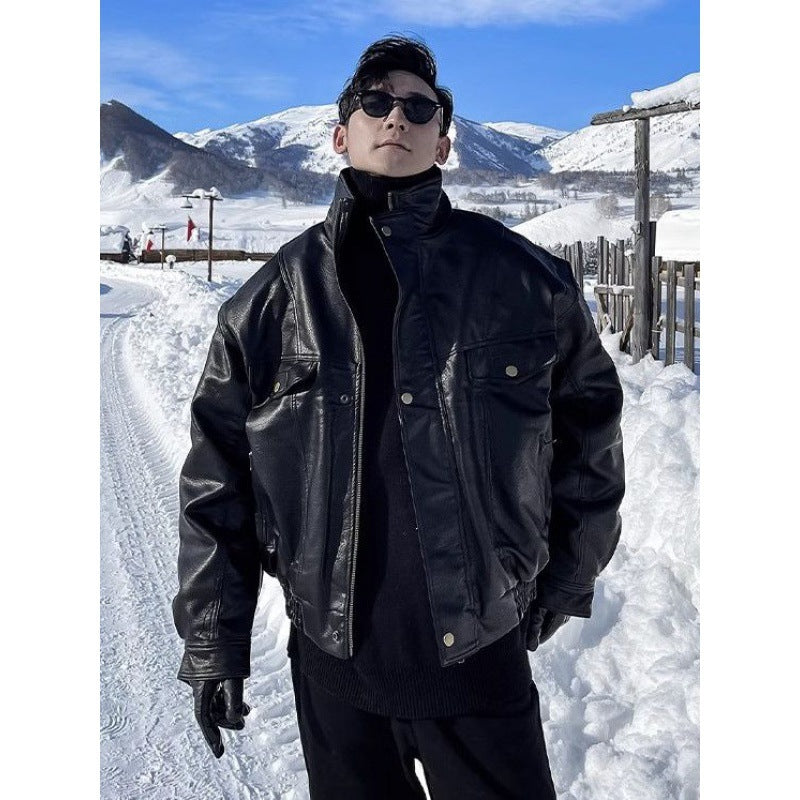 Jacket Leather Coat Autumn And Winter Men's Coat Trendy Handsome Fleece Thickened Pilot Motorcycle Plus Size