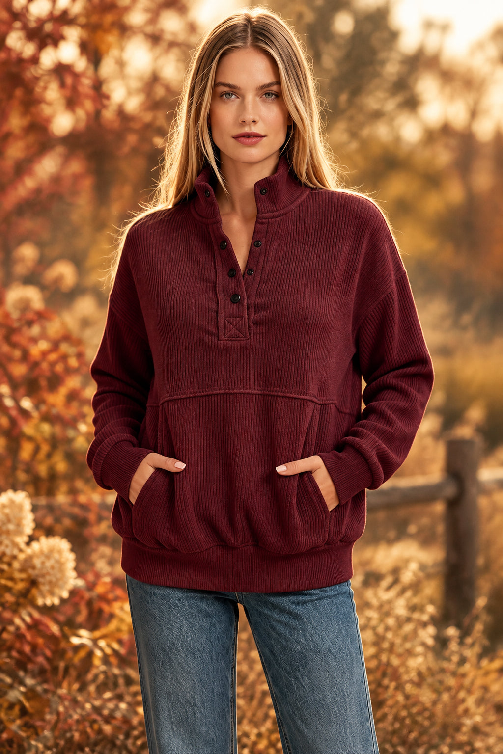 Women's Textured Button-Neck Sweatshirt with Front Pocket