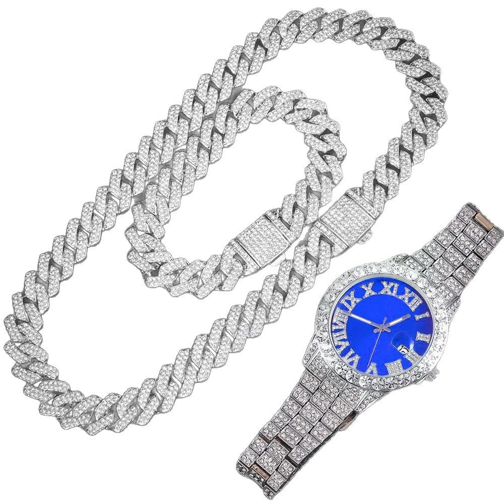 Hip-Hop EuropeanAmerican Cross-Border 14mm Cuban-Link Watch Set