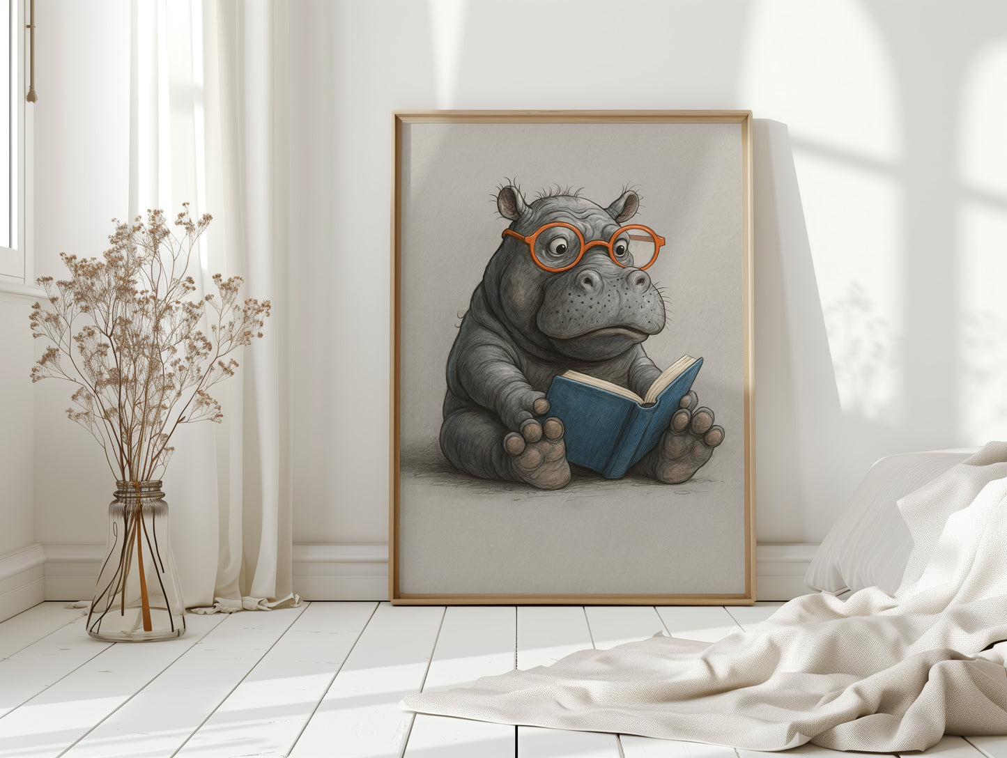 Baby-Nilpferd liest mit Brille