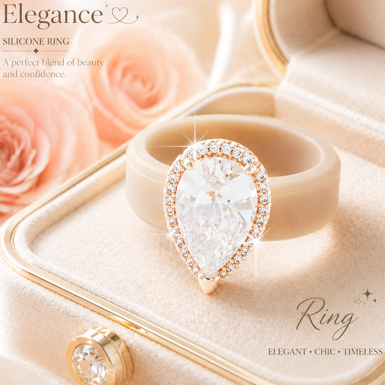 Silicone-inlaid Water-drop-shaped Zircon Ring