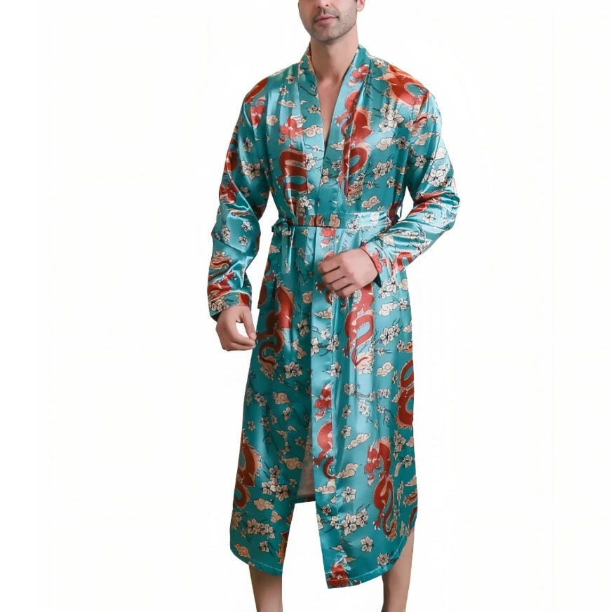 Summer Ice-silk Long-style Wearable Ice-silk Youth Long-sleeve Loungewear Mens Nightgown Thin Style
