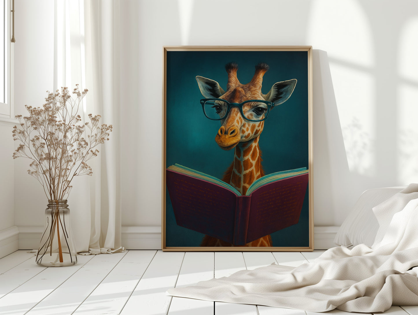 Girafe à lunettes lisant un livre
