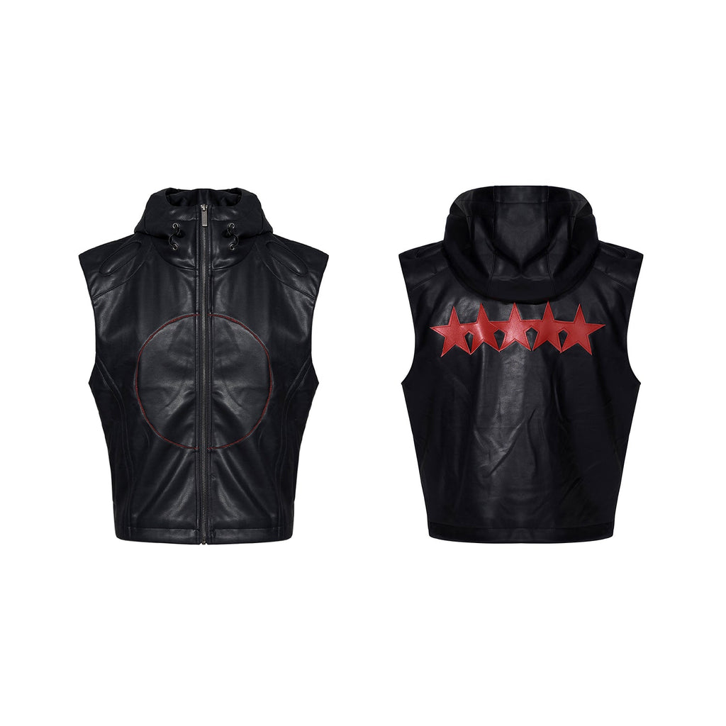 Short Hood Slim Fit Leather Waistcoat Coat Men's Summer Five-pointed Star PU Leather