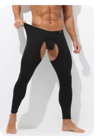 Men's Open Crotch Thermal Pants Thin Leggings Modal Autumn Winter Tight Inside Wear Free