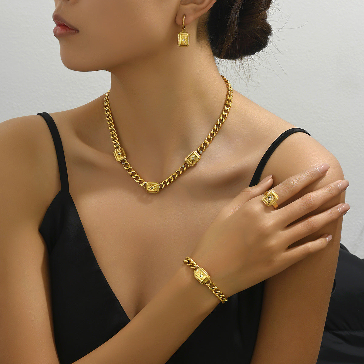 Ins Vintage Court Style Jewelry Set, Geometric Cubic Zirconia Inlaid Bracelet, Ring, Earrings & Versatile Niche Long Necklace For Women