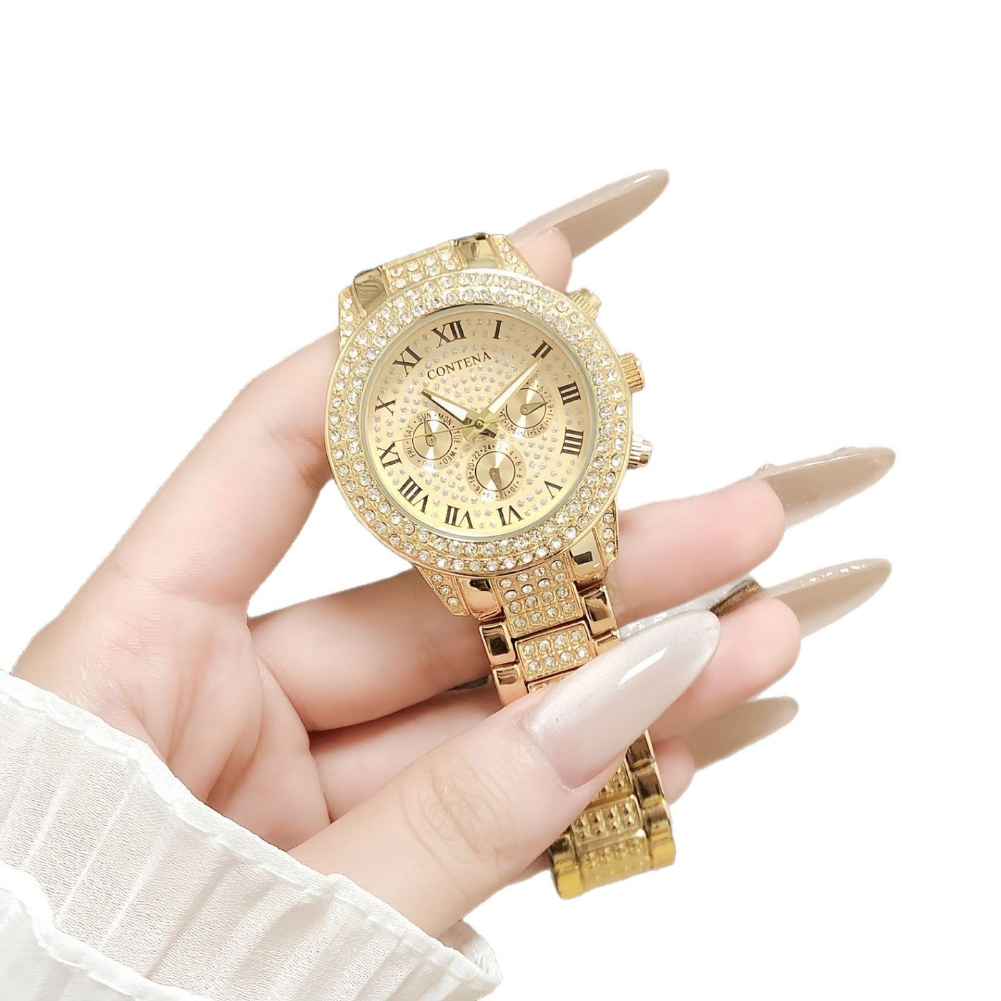 New CONTENA Fully Diamond-encrusted Gold Womens Watch