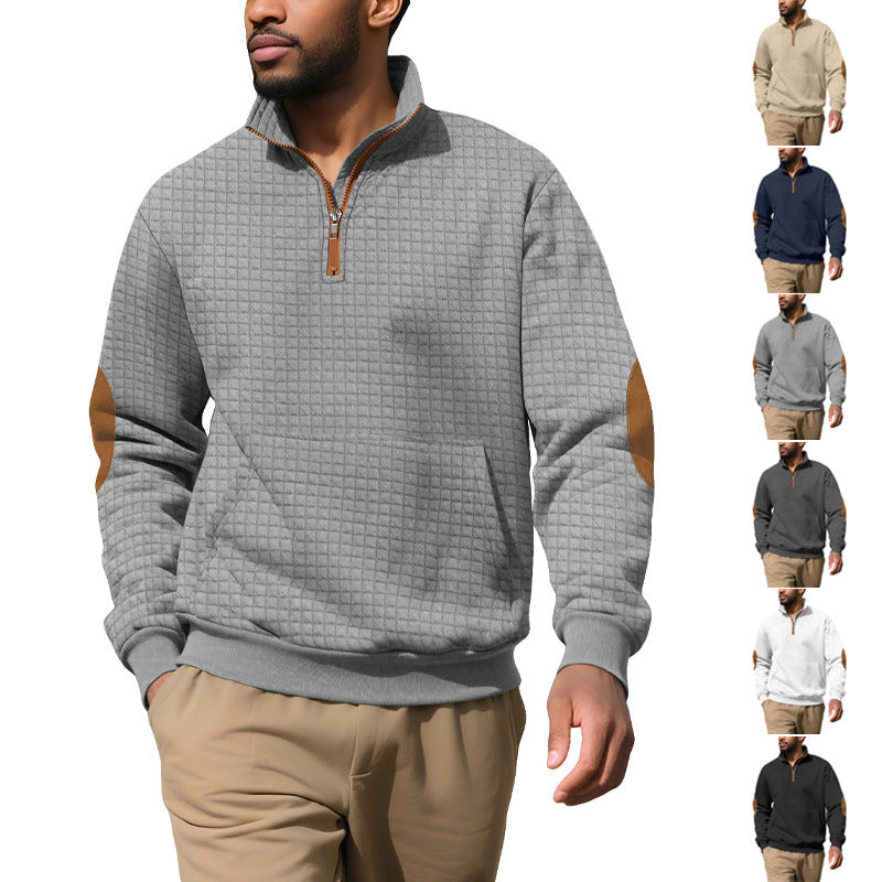 Cross-border Amazon Men's Autumn & Winter Half-Zip Suede Jacquard Small Check Long-Sleeve Stand Collar Casual Sweatshirt