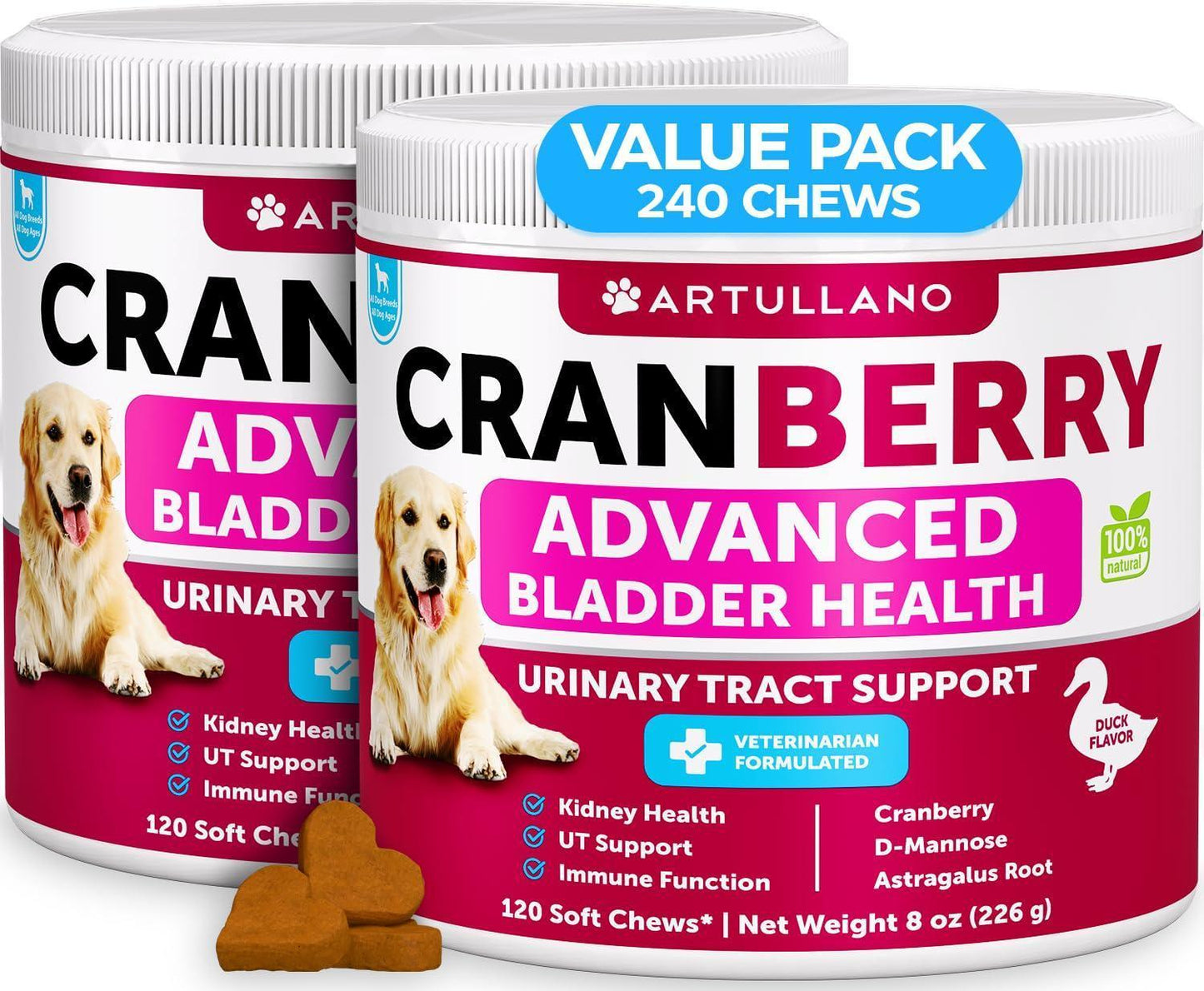 Dog UTI Treatment 240 Chews 2-Pack Cranberry Bladder & Kidney Support