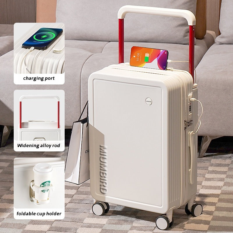 Wide Pull Rod Design Luggage Compartment, Front Open Lid, Stylish Large Capacity Luggage With Foldable Cup Holder And USB Interface