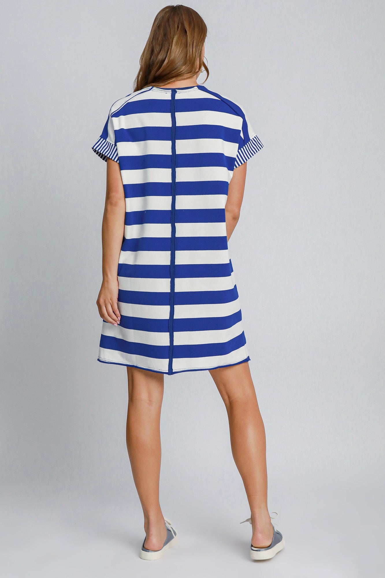Peace Applique Striped Short Sleeve Mini Dress – Fun Peace Sign Detail, Striped Pattern, High-Low Design for a Trendy and Versatile Look