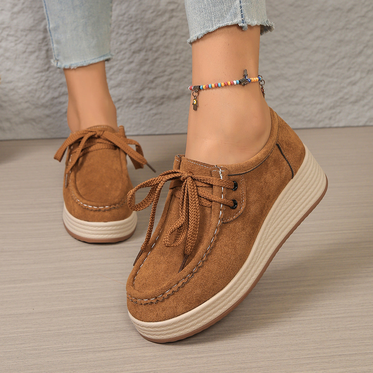European And American-style Chunky-soled Womens Pumps With Front Laces Casual Chunky-soled Shoes