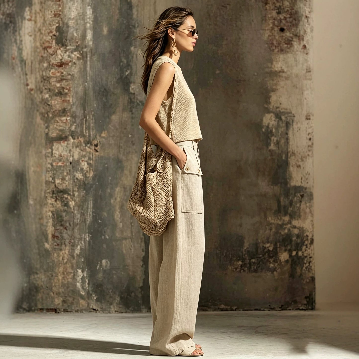 Women's Sleeveless Knit Vest & Wide Leg Pants Two-Piece Set – Casual Linen Khaki