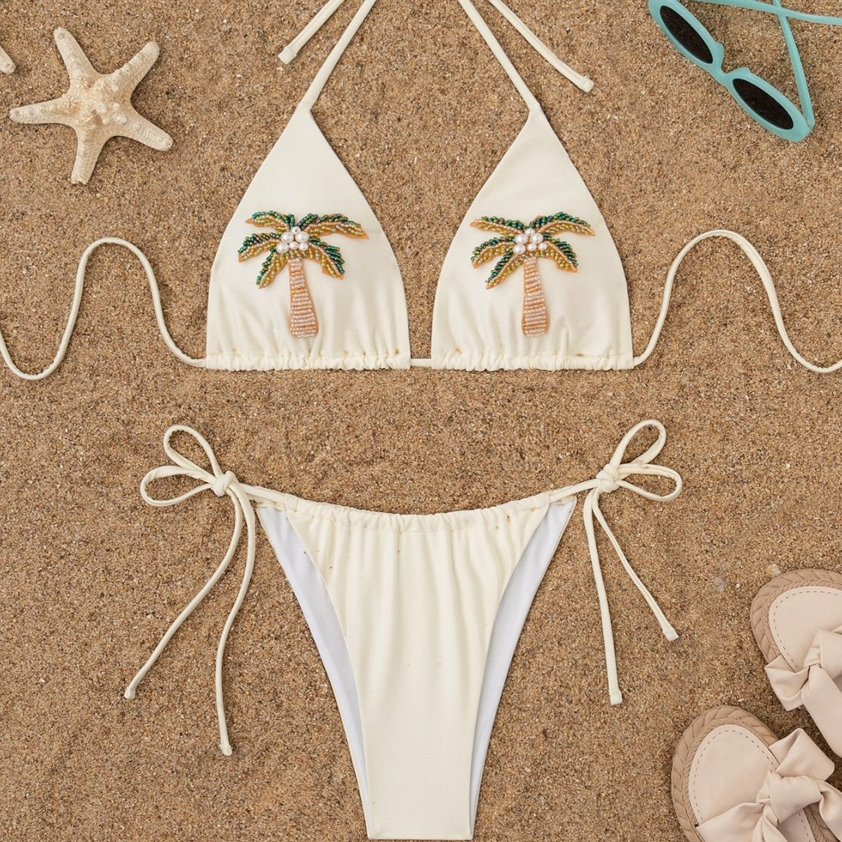 3D design women's two-piece sexy swimsuit set, tie-up bikini, solid color swimwear bikini