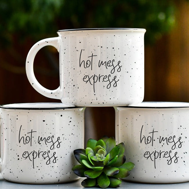 Hot Mess Express Übergroße Lagerfeuer-Tasse mit schwarzem Rand, Limited Edition, beidseitig bedruckt