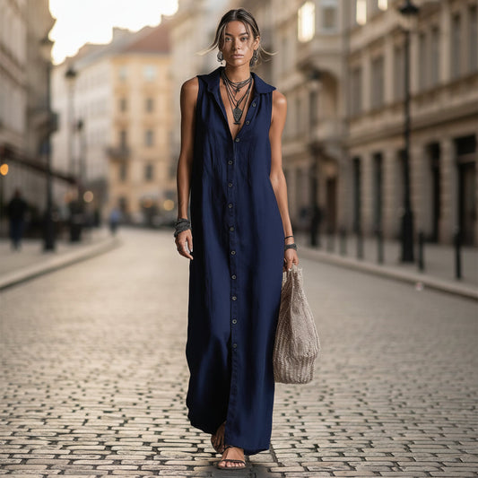 Women's Sleeveless Deep V-Neck Hooded Loose Maxi Dress – 6 Colors XS–3XL