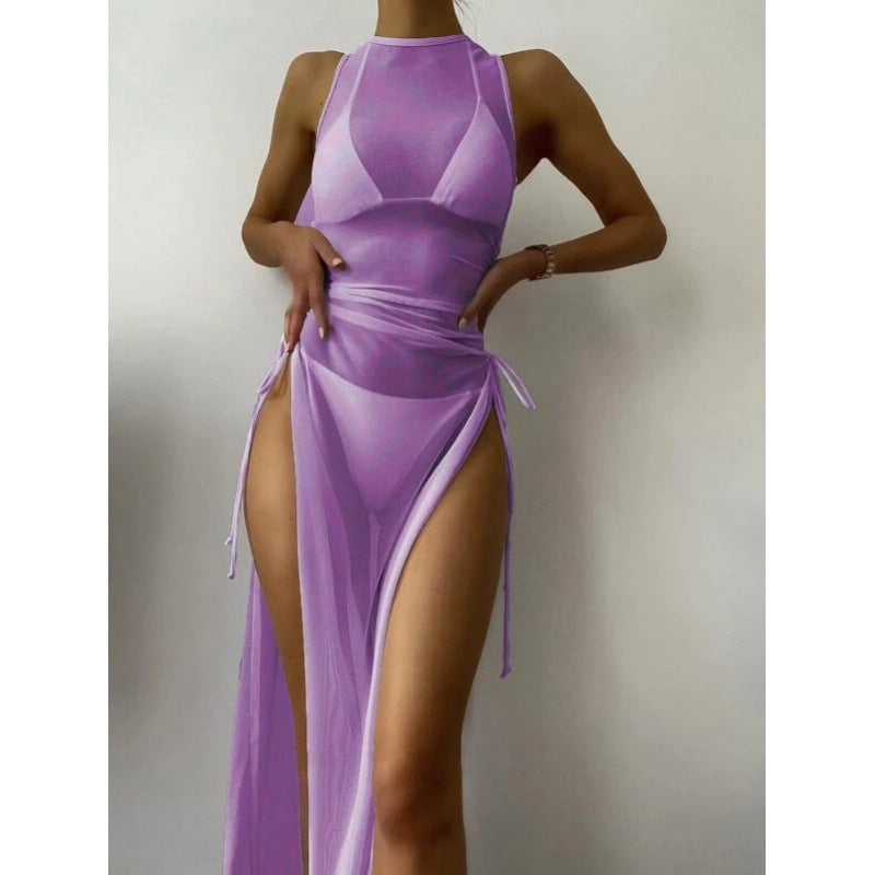 Women's Solid Color Three-Piece Bikini Set with Maxi Dress Cover-Up