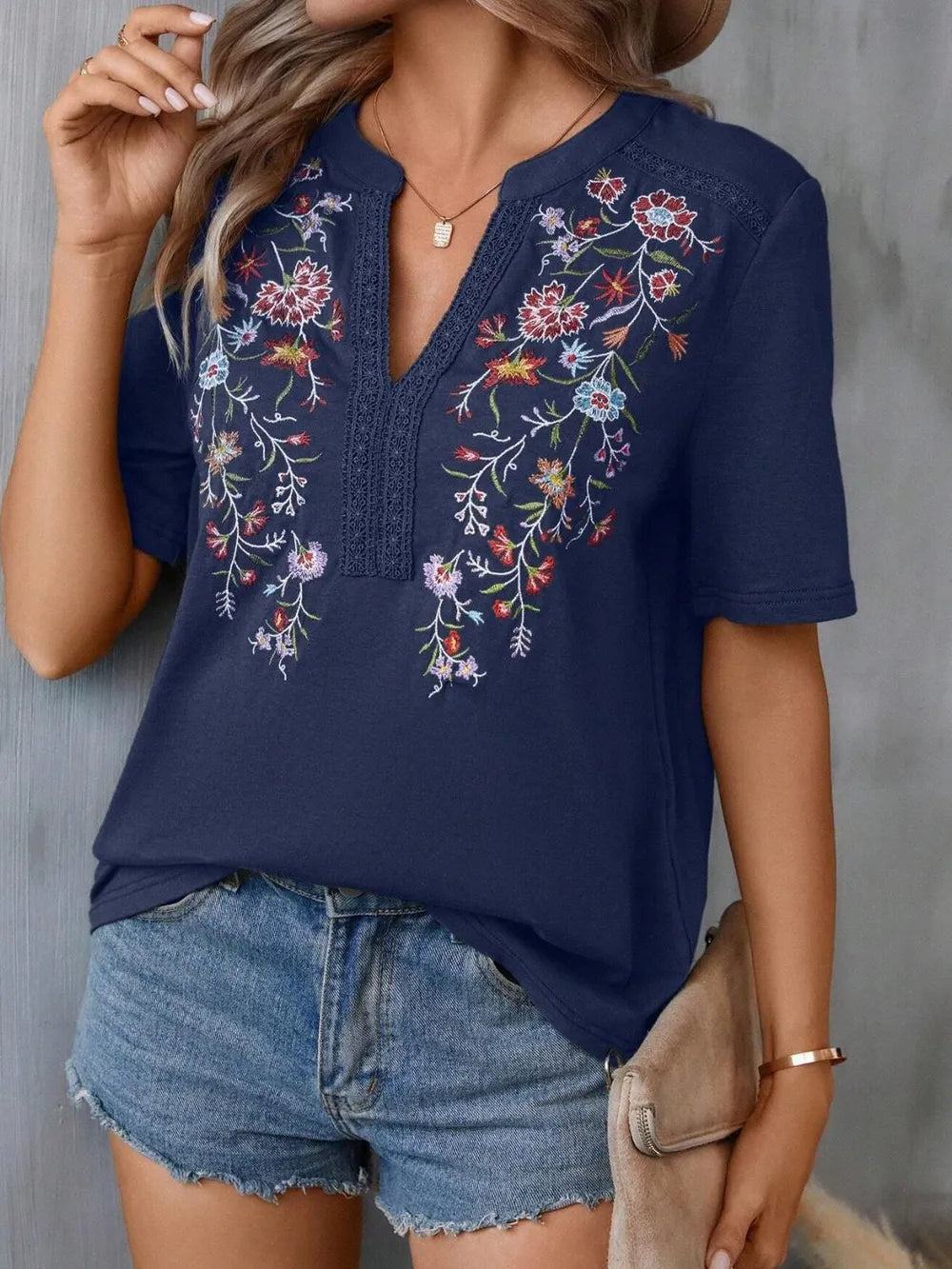 Women's Floral Embroidered Notched V-Neck T-Shirt – Short Sleeve Boho Lace Trim Top