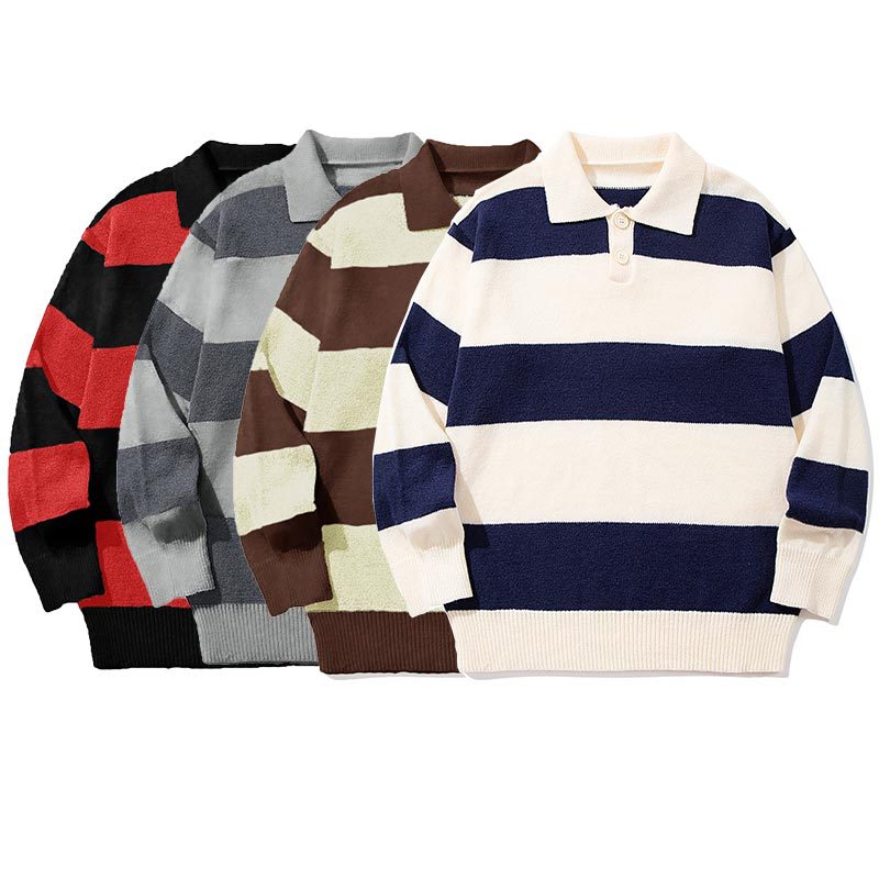 Mens Striped Knit Sweater With A Contrasting Color Collar