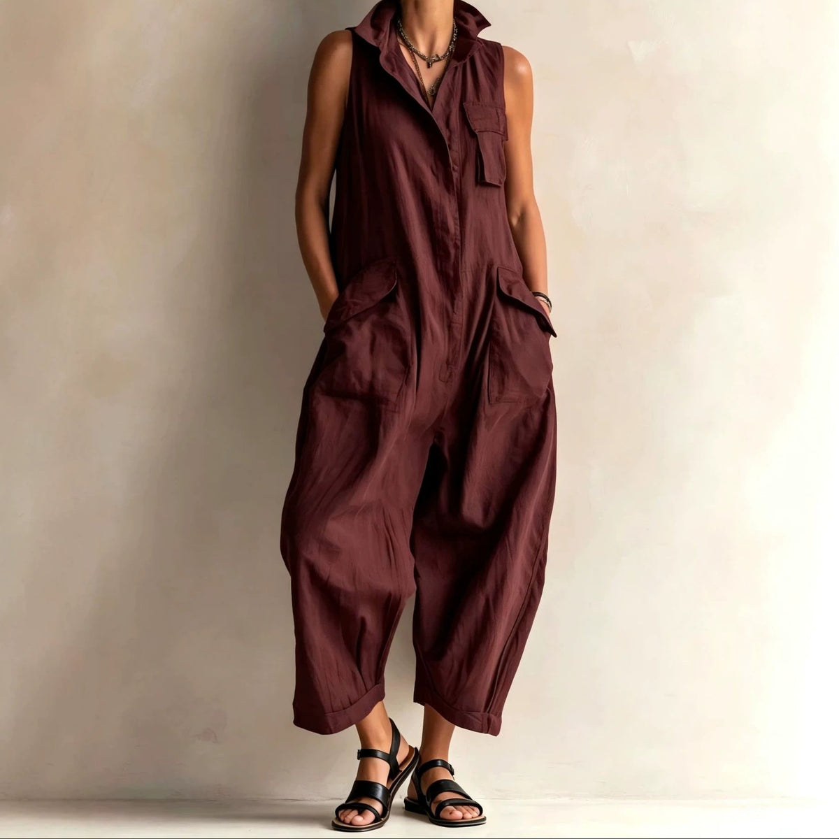 Women's Cotton Sleeveless Cargo Jumpsuit – Wide Leg Multi-Pocket