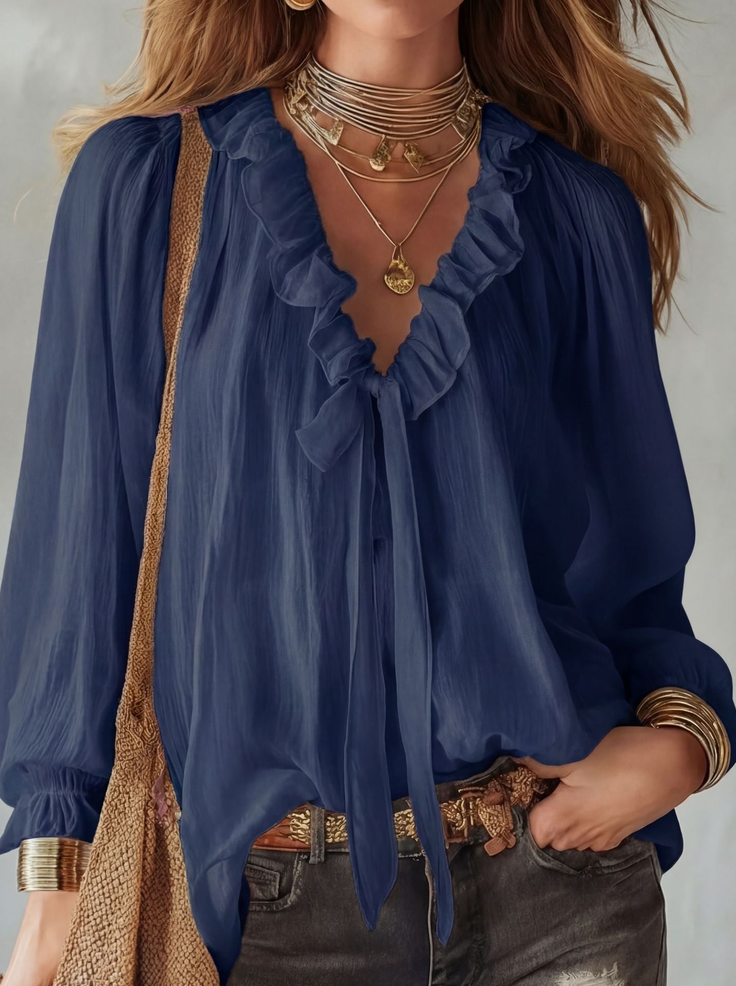 Casual Loose Fashion Ruffle Tie V-neck Shirt Top