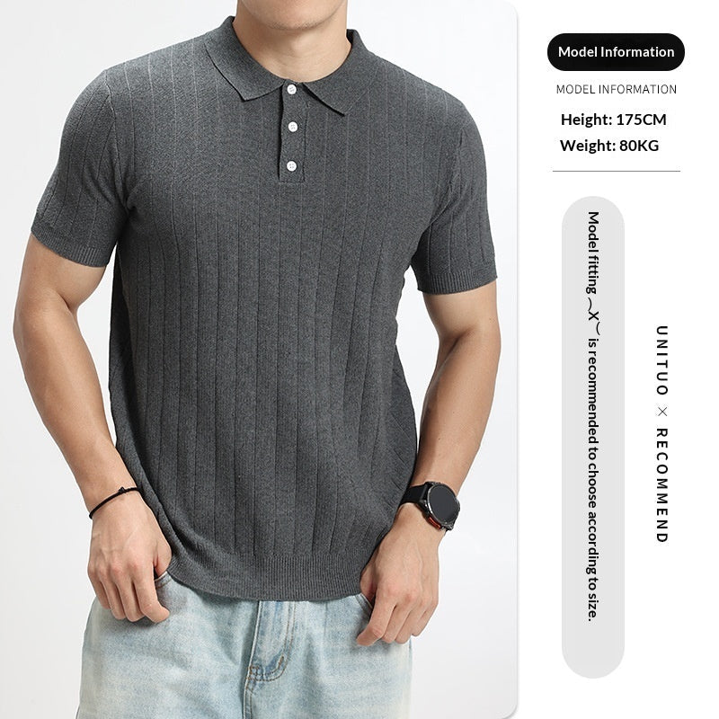 Mens Light-Luxury Rib-Knit Polo Shirt