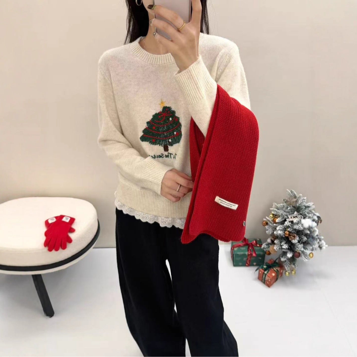 Womens Christmas Tree-Print Thermal Lace-Patchwork Sweater Preppy-Style Pullover Sweater